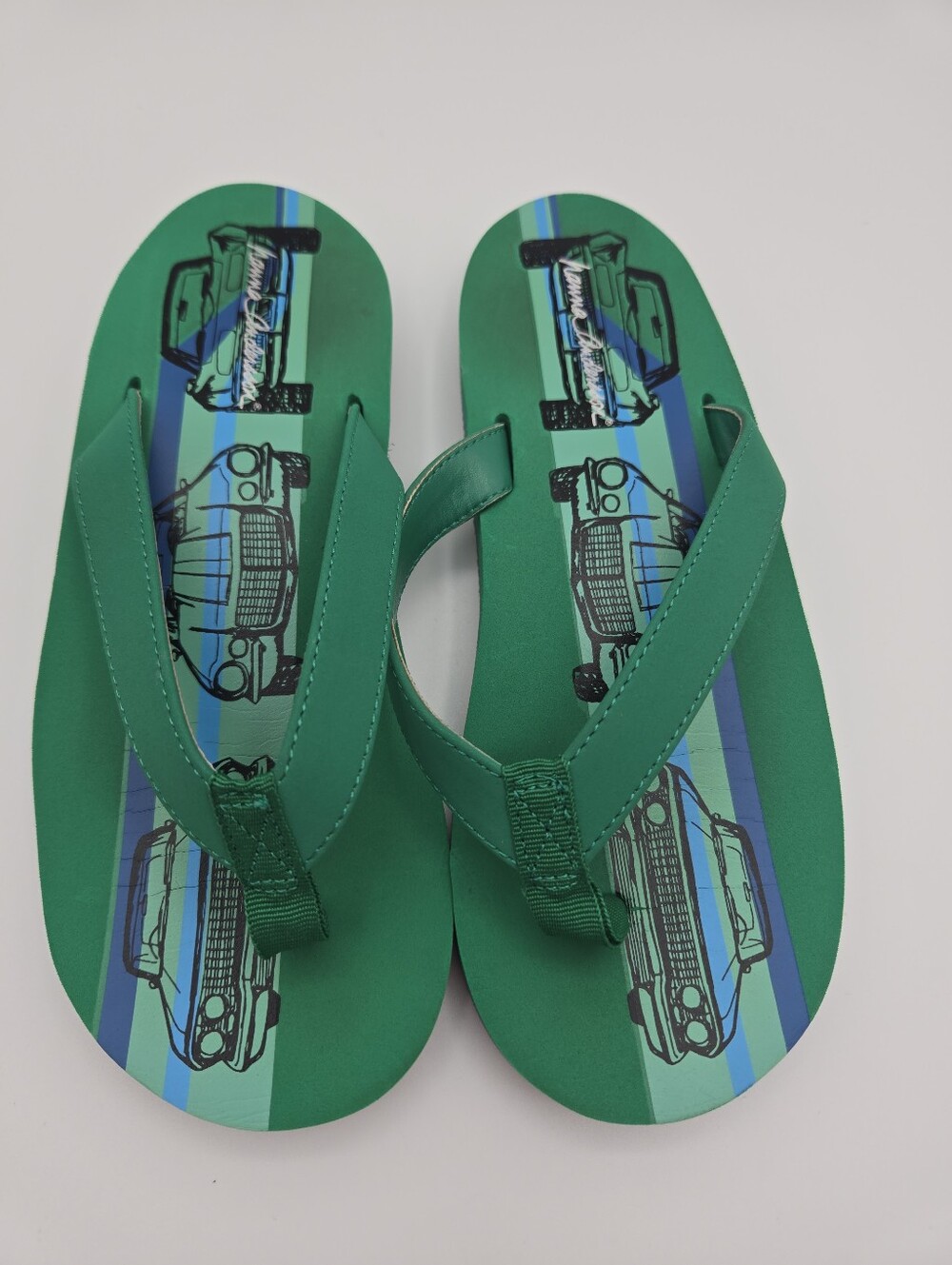 Hanna Andersson Boys Flip Flops Sandals Size Youth 3 Green Blue Car Print